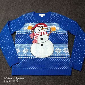 Ugly Jolly Sweaters Christmas Snowman with Beer Fair Isle Blue Adult‎ Large